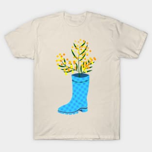 Rubber boots Wellies blue checkered Wellington boots and mimosa flower T-Shirt